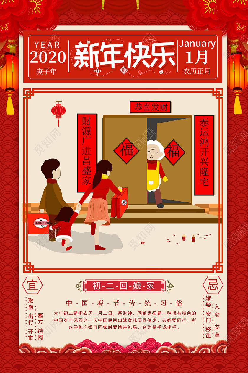 春节习俗红色喜庆新年快乐初二回娘家海报