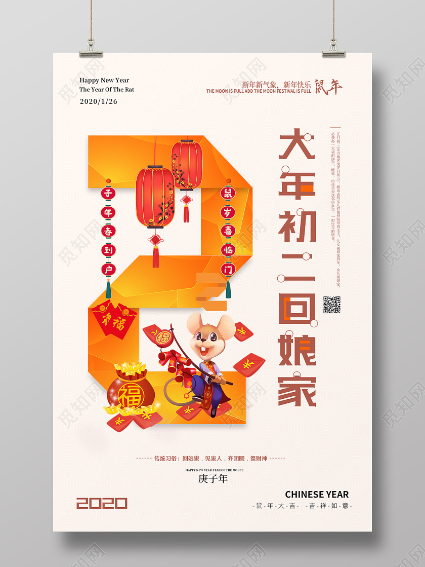 简洁新年快乐2020鼠年大年初二回娘家海报