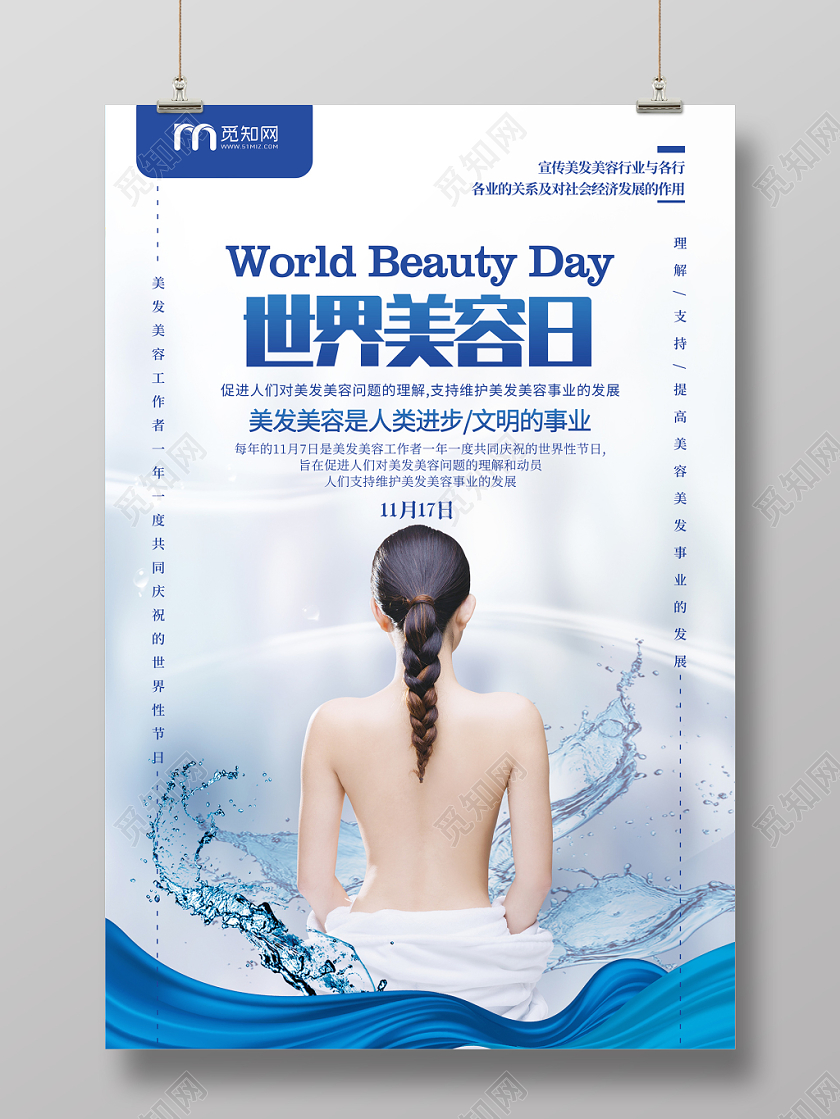 简约大气蓝色系世界美容日美容护肤宣传海报
