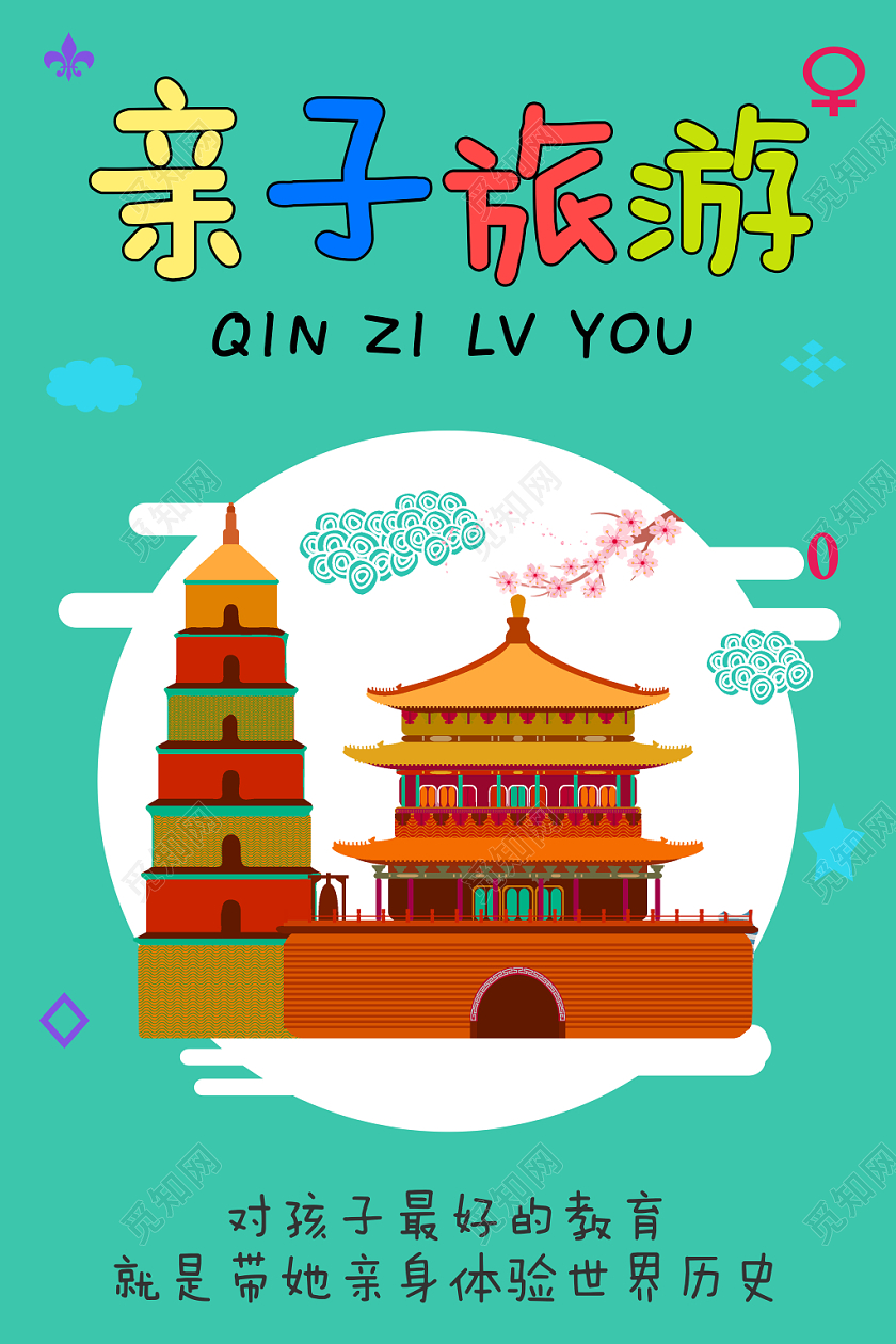 绿色卡通亲子旅游海报