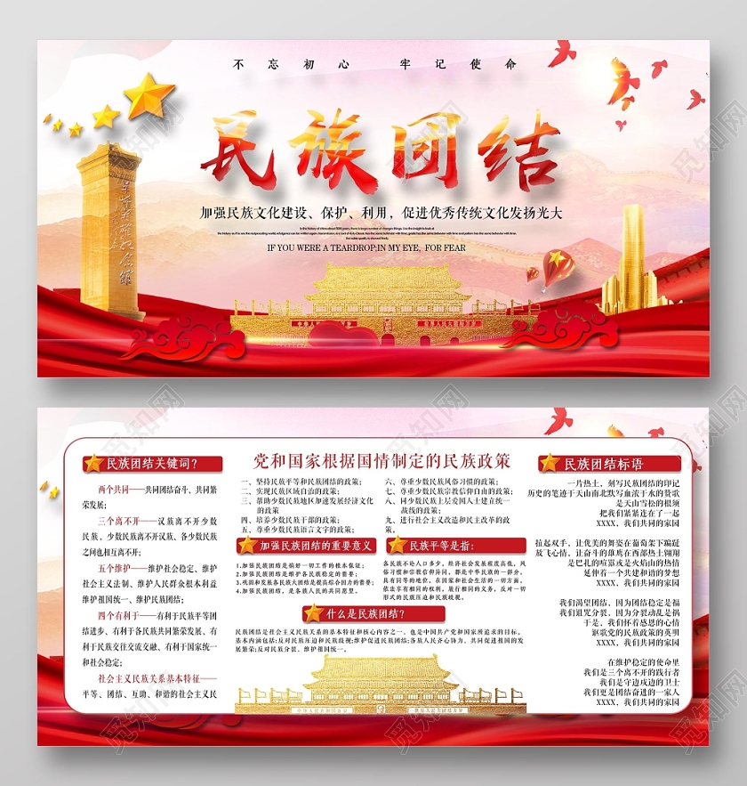 简约大气民族团结党建党政党课宣传展板