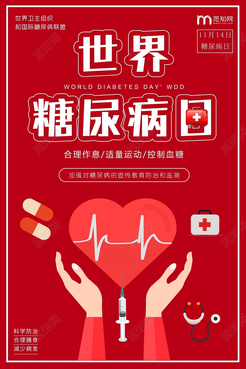 红色简约关注健康世界糖尿病日宣传海报