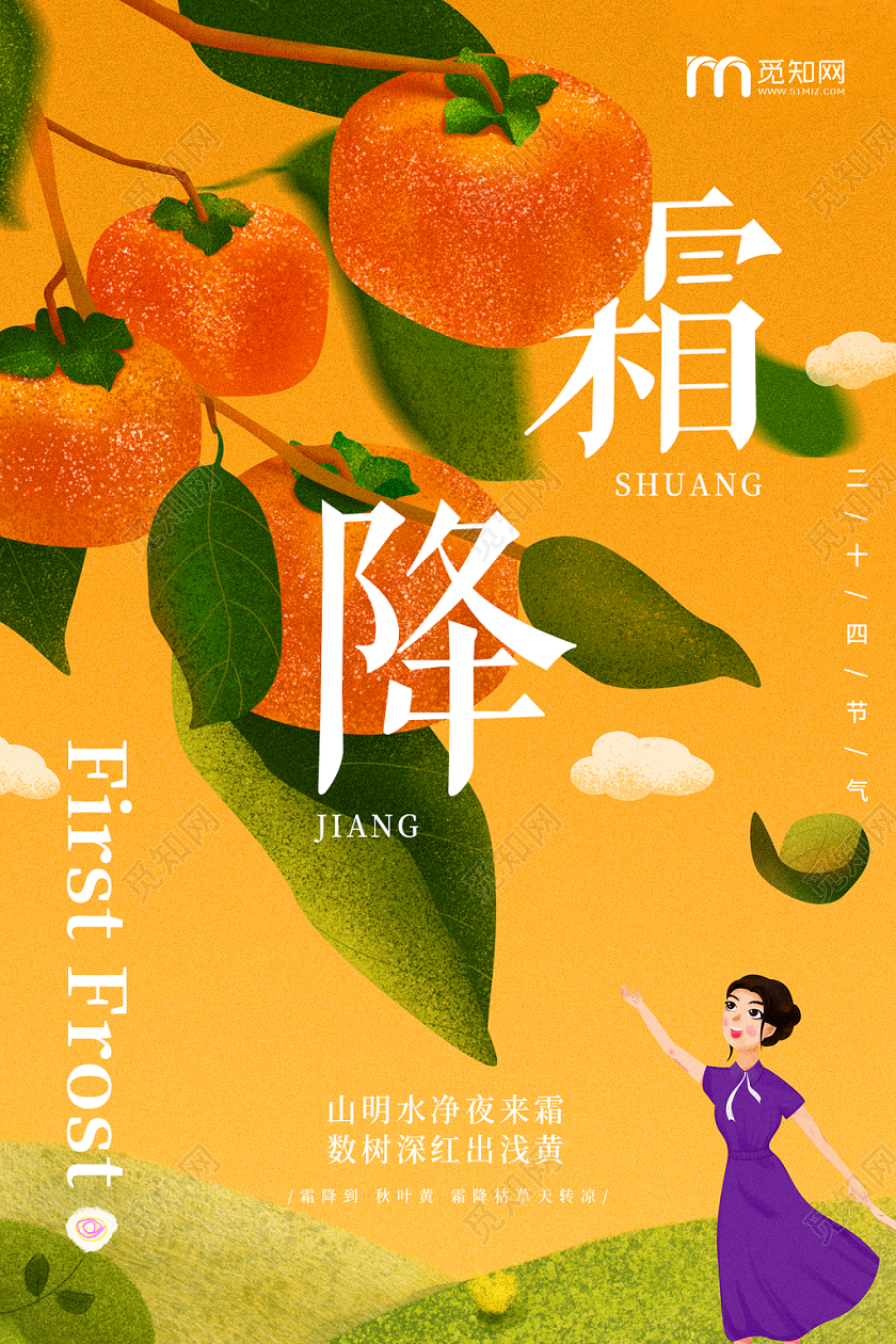 卡通手绘黄色柿子女孩二十四节气霜降宣传海报