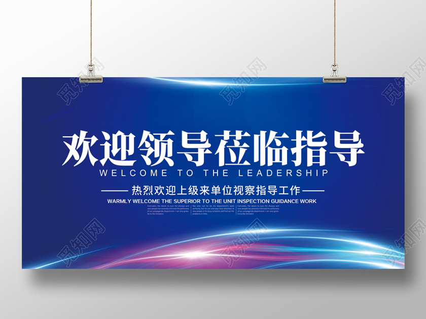 蓝色热烈欢迎领导莅临指导宣传展板