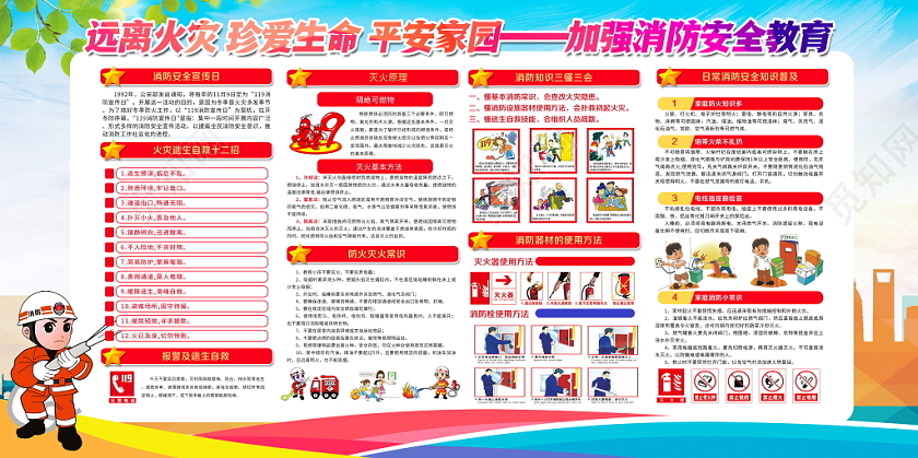 119消防宣传日蓝色大气关注消防安全共建平安家园全国消防日知识教育宣传展板