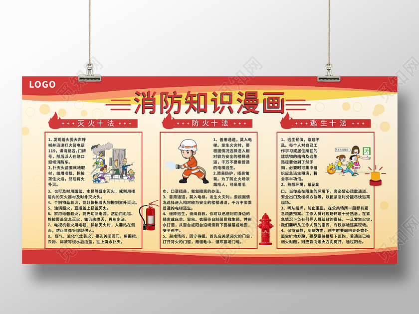 红色几何简约消防知识漫画展板