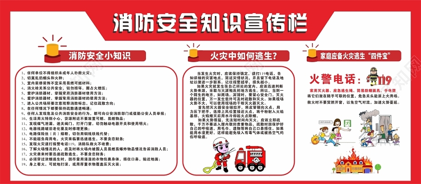 红色简约卡通几何消防安全宣传栏消防知识展板