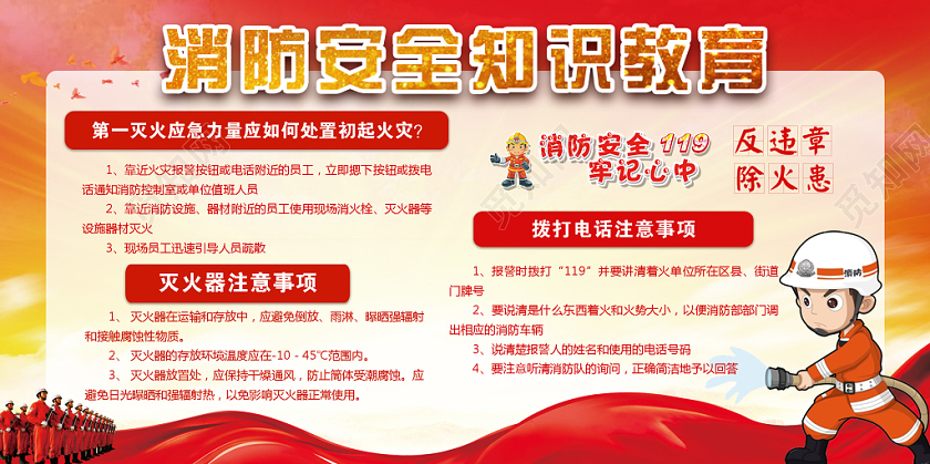 红色简单消防安全知识教育宣传展板