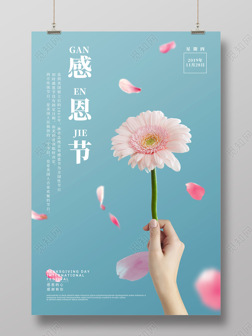 简约手拿鲜花感恩节海报