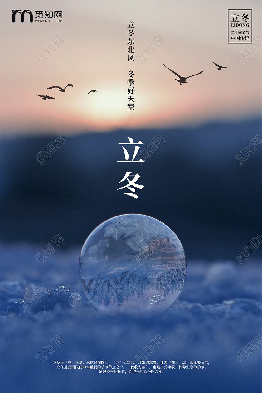 简约商务风透过水晶看雪景立冬冬季海报