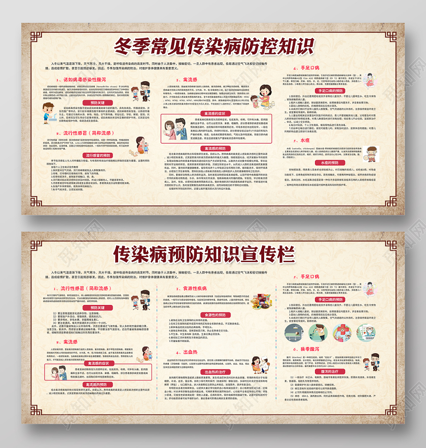 冬季健康教育传染病复古冬季常见病防控知识预防流感健康知识宣传栏展板