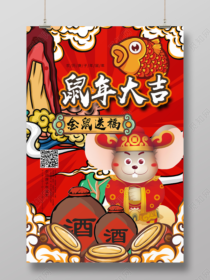 国潮风2020鼠年大吉新年快乐海报