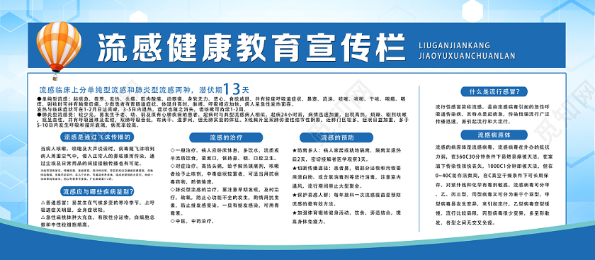 卫生健康教育宣传栏蓝色简洁流感健康教育宣传栏预防流感健康展板