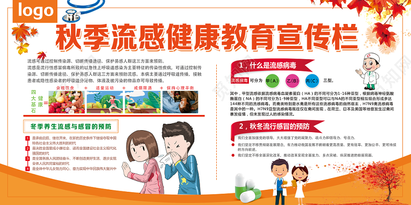 黄色卡通秋季流感健康教育宣传栏预防流感健康展板