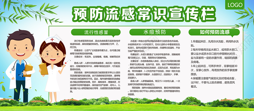 绿色卡通预防流感常识宣传栏预防流感健康展板