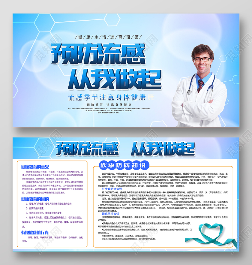 蓝色简约预防流感关注健康秋季流感预防展板