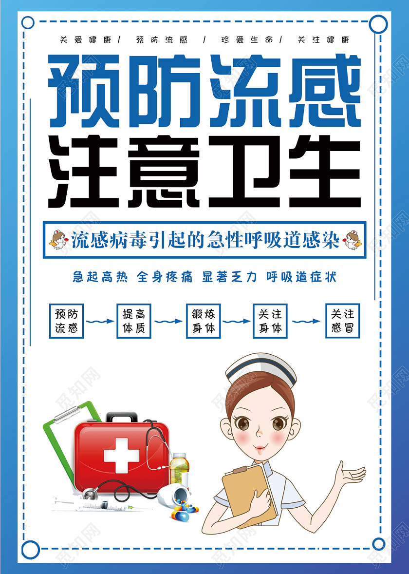 传染病蓝色小清新预防流感注意卫生宣传海彩页