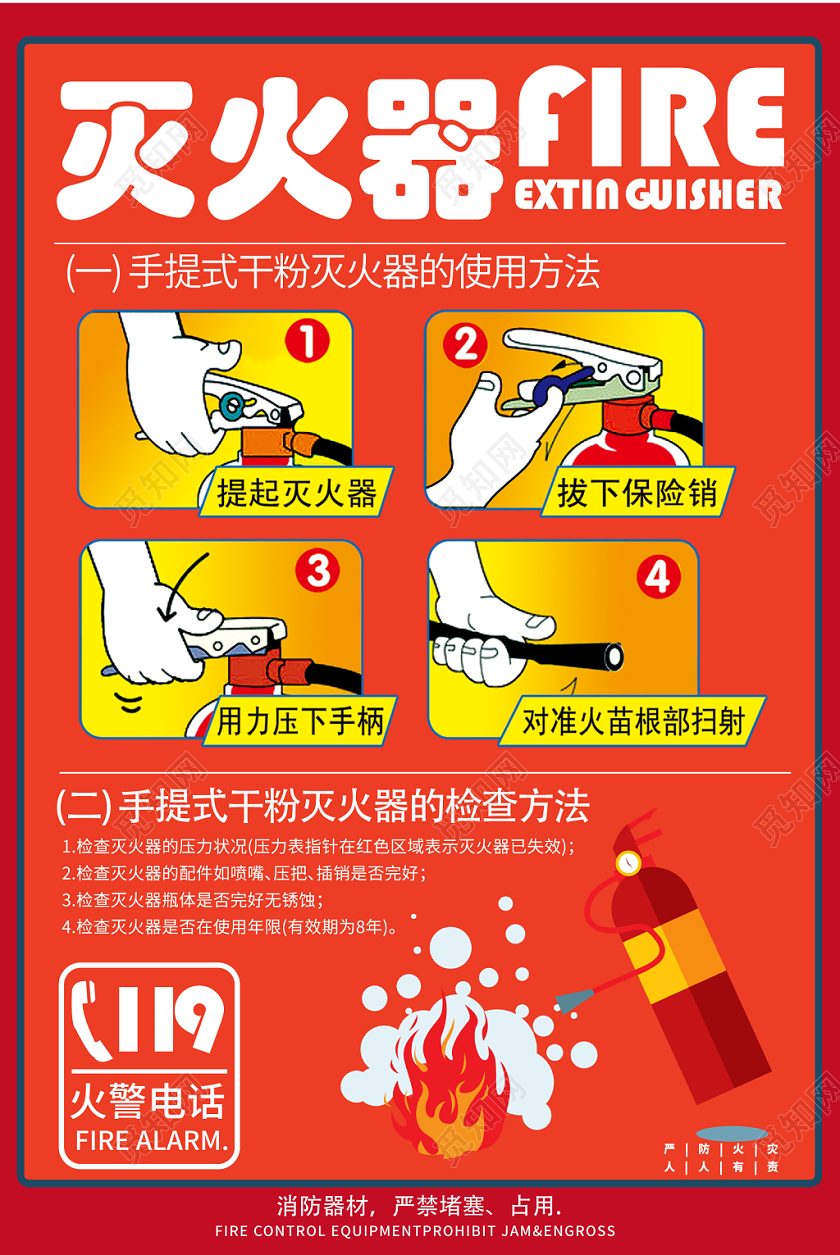 红色几何简约创意灭火器使用护林防火海报