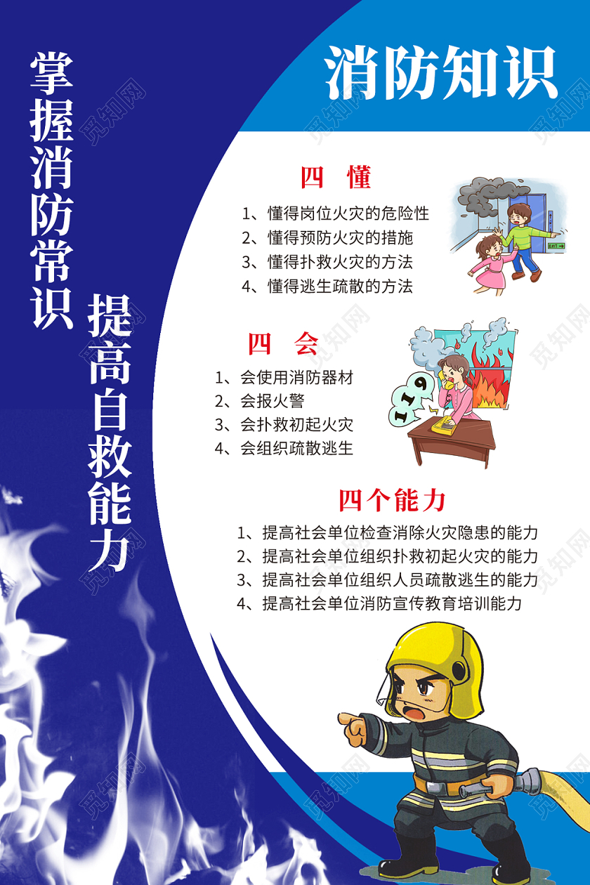 蓝色简约消防知识宣传海报设计