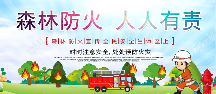 卡通树林防火消防宣传海报展板