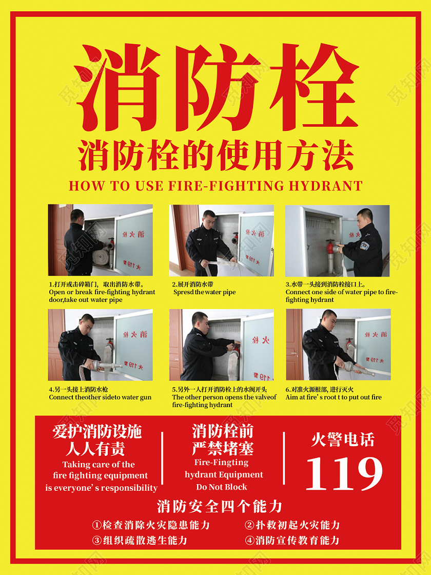 消防海报黄色背景消防栓使用方法消防灭火安全知识海报