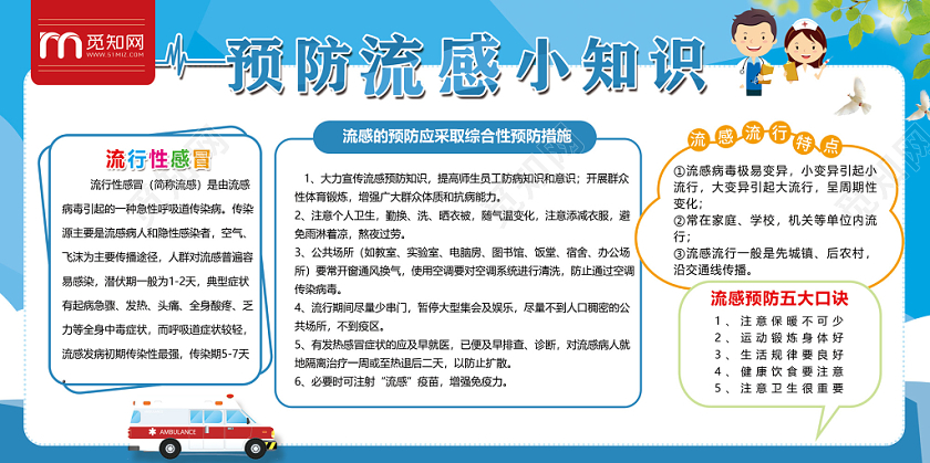 传染病蓝色卡通预防流感小知识预防流感健康展板