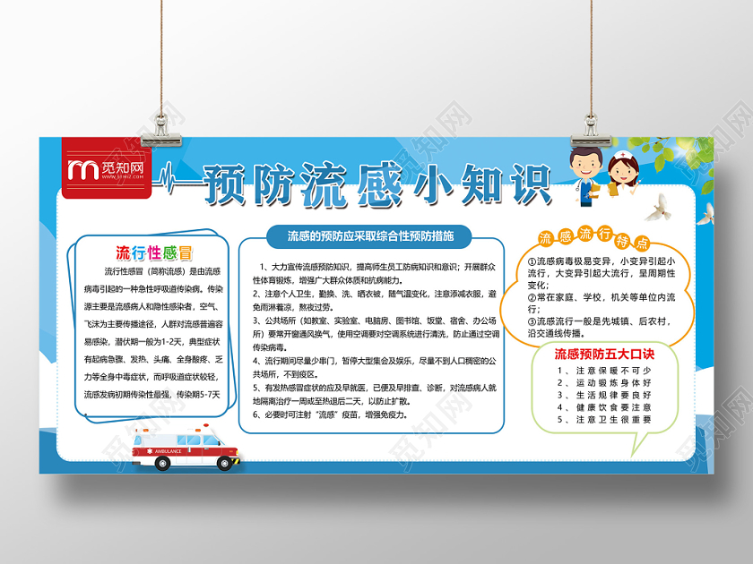 传染病蓝色卡通预防流感小知识预防流感健康展板