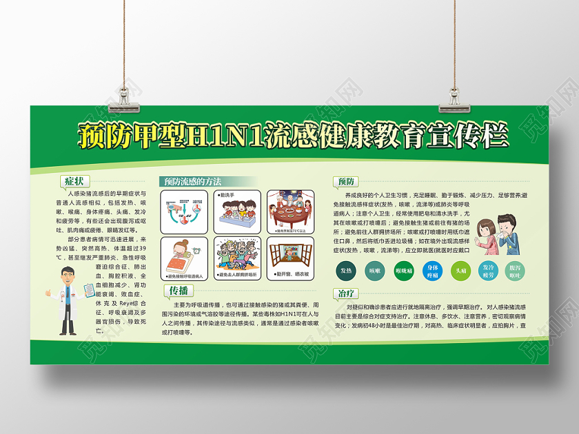 预防流感健康绿色简约创意展板宣传栏