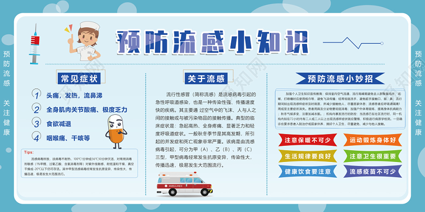 蓝色卡通预防流感小知识预防流感健康展板