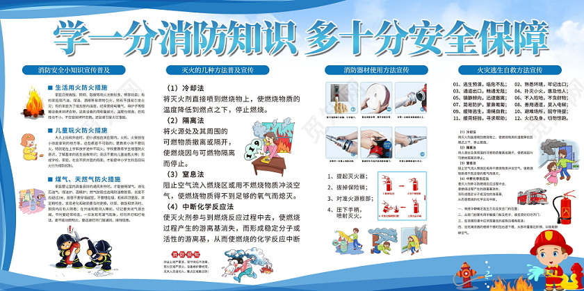 蓝色卡通消防安全知识宣传展板