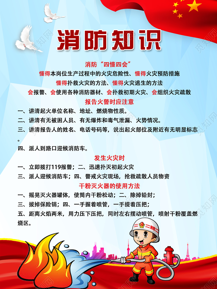 蓝色简约消防知识消防海报