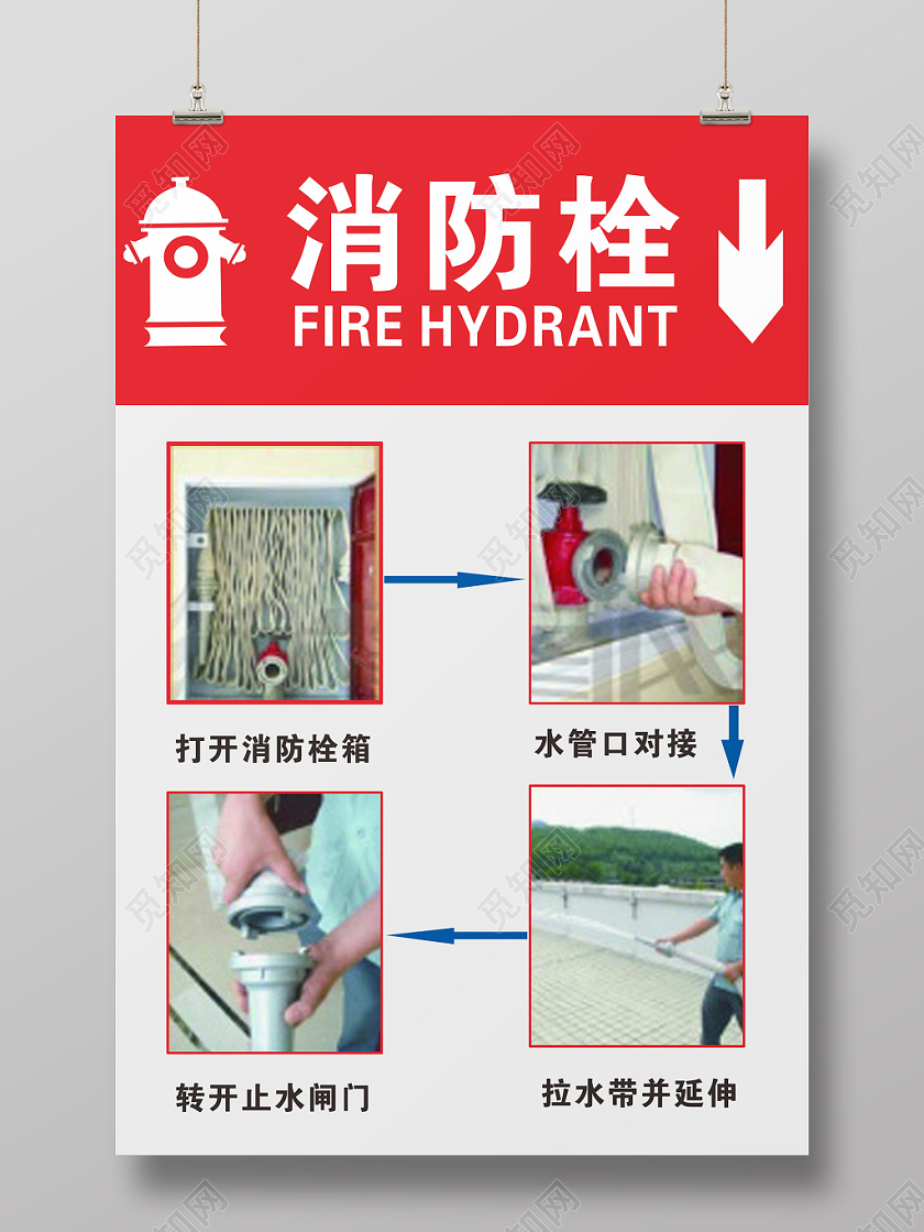红色几何简约图文消防栓使用方法海报