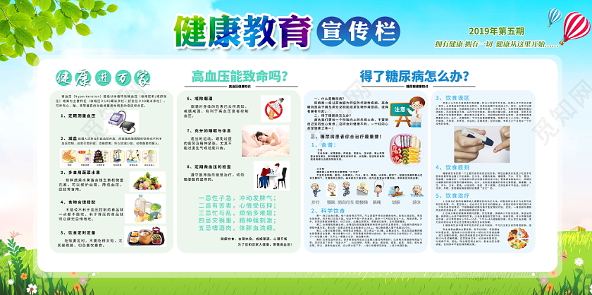 蓝色大气社区医院预防高血压糖尿病健康教育宣传栏展板设计