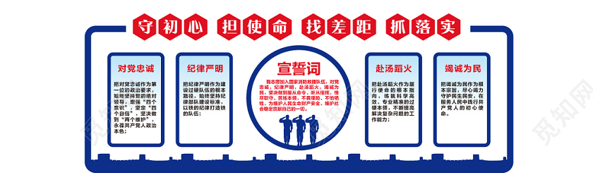 红蓝色简约消防救援队宣誓词守初心担使命找差距抓落实文化墙