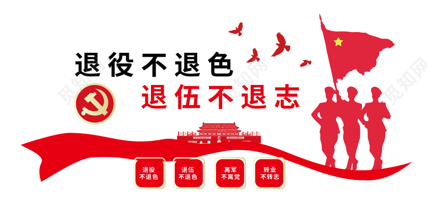 红色简约中国风退役不退色退伍不退志军人战士退伍文化墙