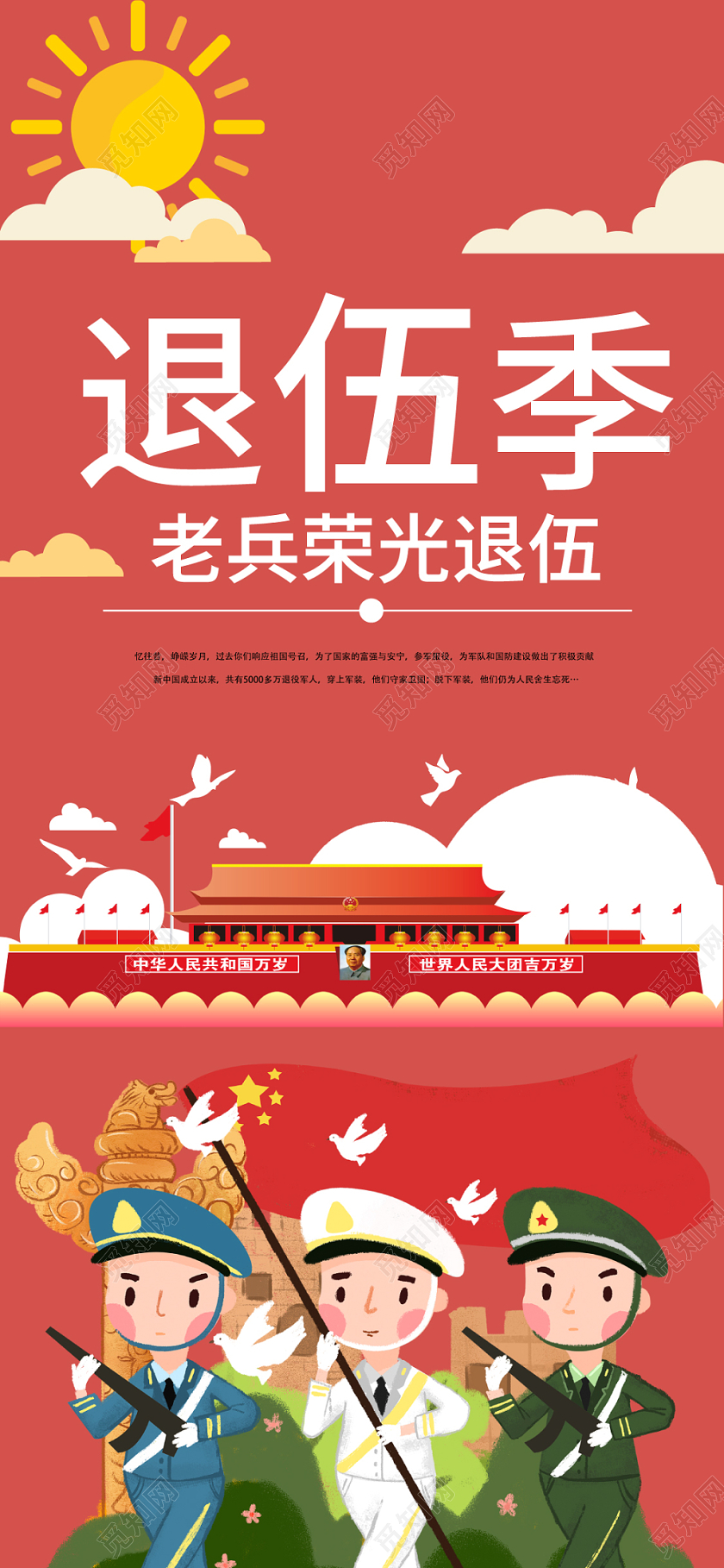 红色几何简约卡通退伍季军人战士退伍手机海报