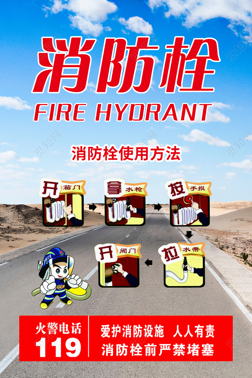 简约消防栓使用方法介绍消防知识宣传海报