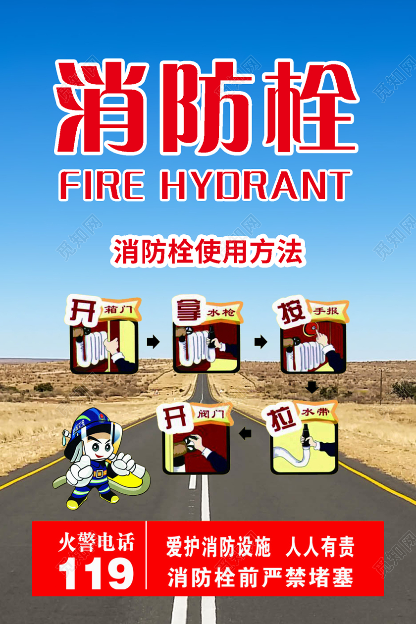 简约公路消防知识消防栓使用方法宣传海报