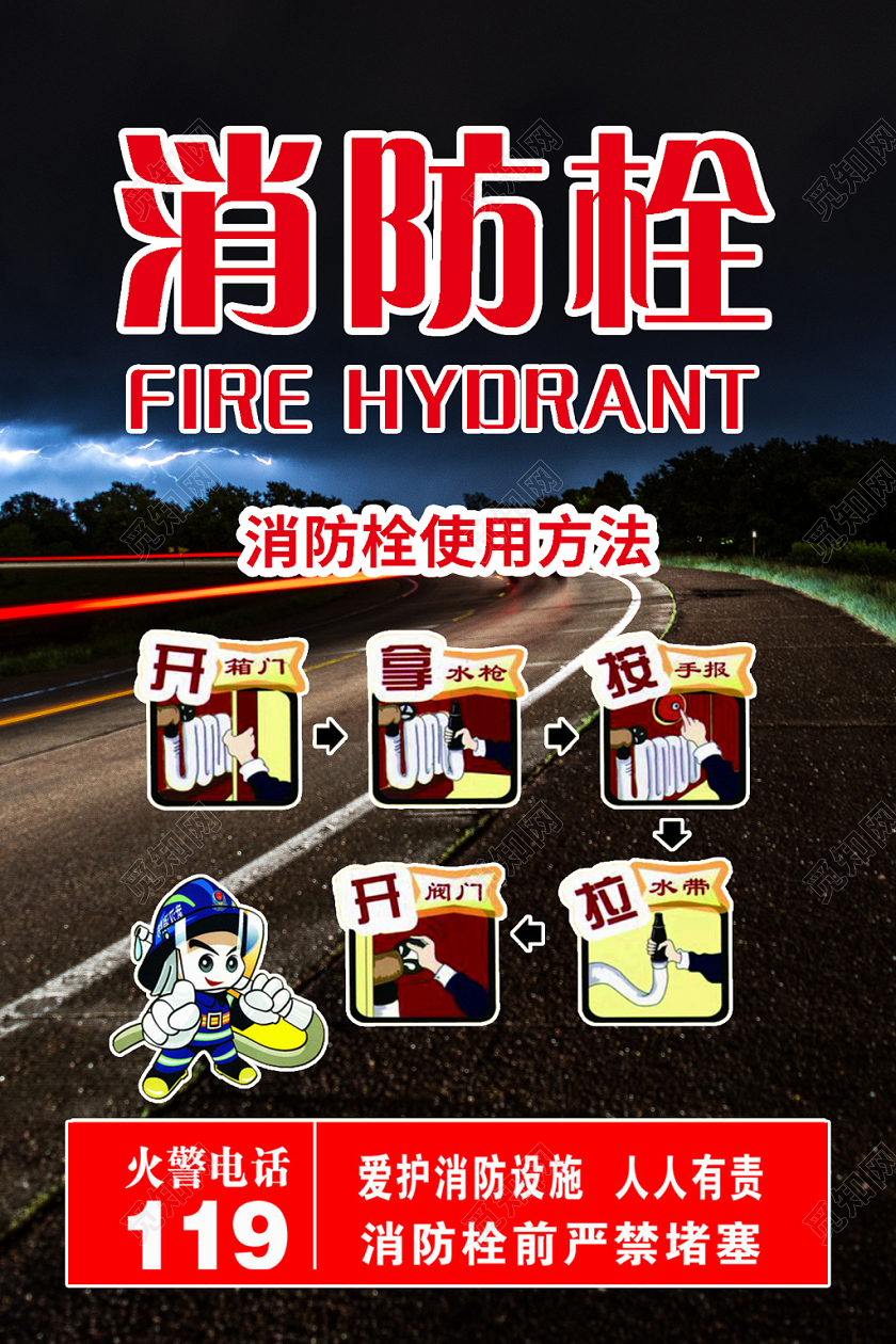 简约消防栓使用方法消防器材介绍宣传海报