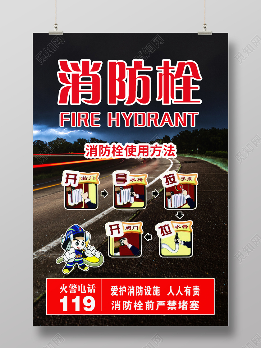 简约消防栓使用方法消防器材介绍宣传海报