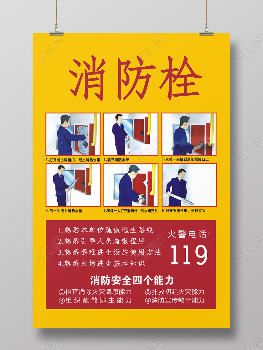 消防四个能力消防栓黄色创意简约大气宣传海报