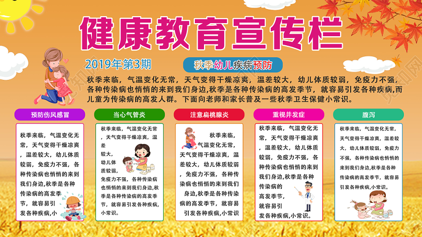 黄色卡通健康教育宣传栏幼儿园健康宣传栏展板