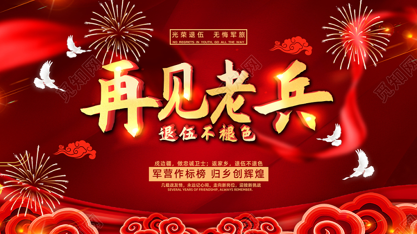 部队大气红色党建老兵军人退伍复员联欢会海报展板