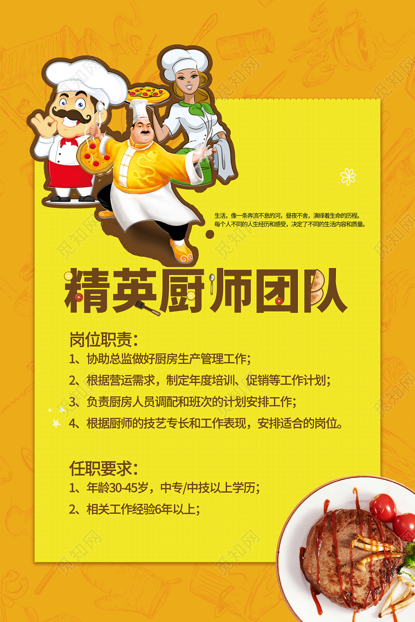 黄色简约卡通厨师招聘宣传海报