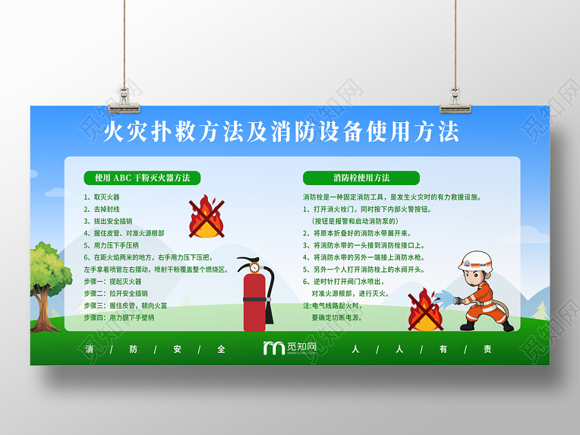 绿色简约清新火灾扑救方法消防设备使用方法消防栓展板