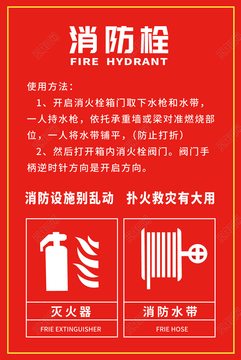 红色简约灭火器消防栓使用方法海报