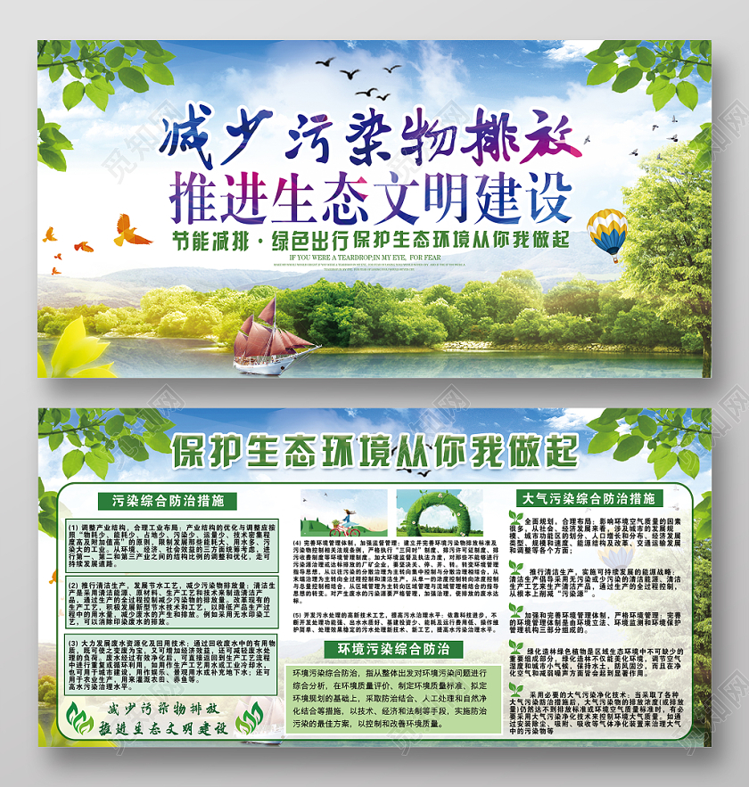 绿色环保风景简约减少污染物排放推进生态文明建设双面展板