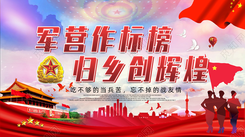 部队光荣红色军人老兵战士复员退伍联谊会党建海报
