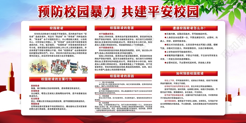 时尚大气文明校园预防防校园暴力共建和谐校园文化展板宣传栏设计