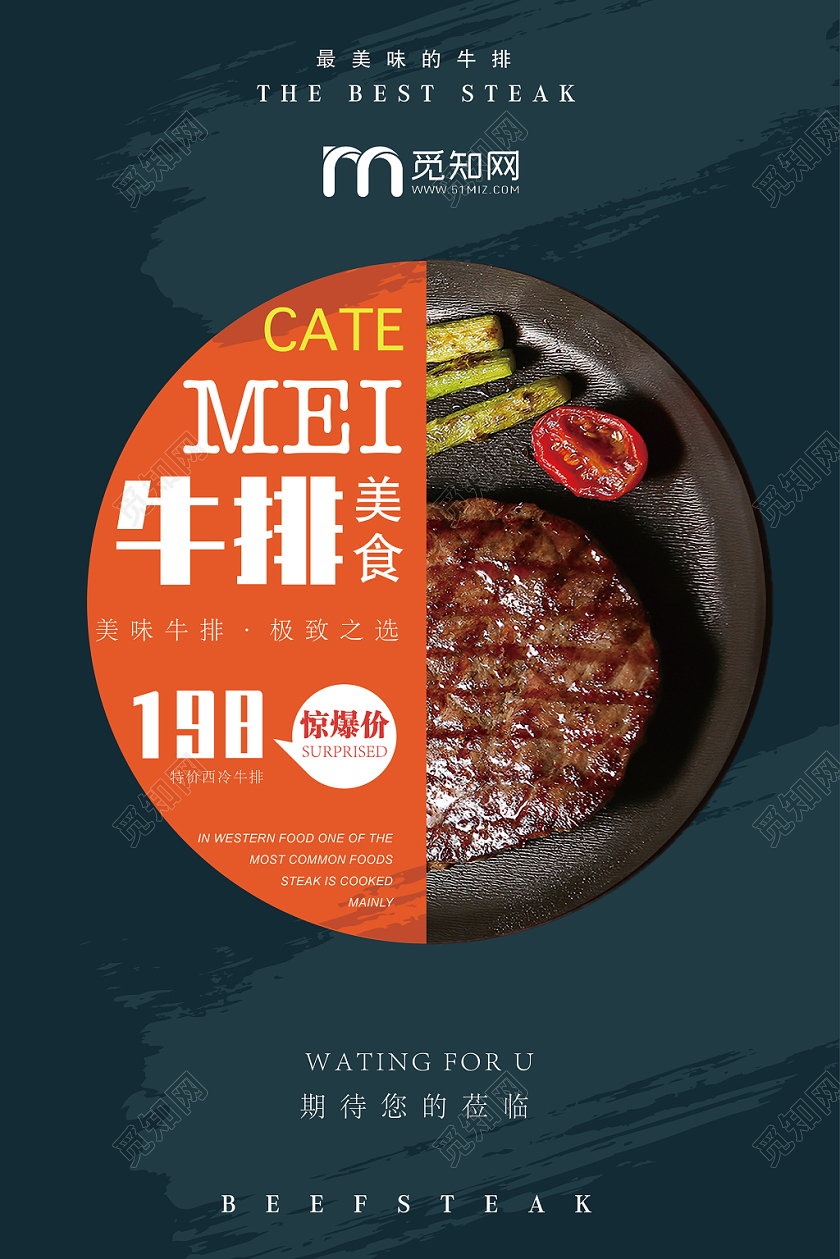 扁平风格西餐美食牛排深色系海报广告牌